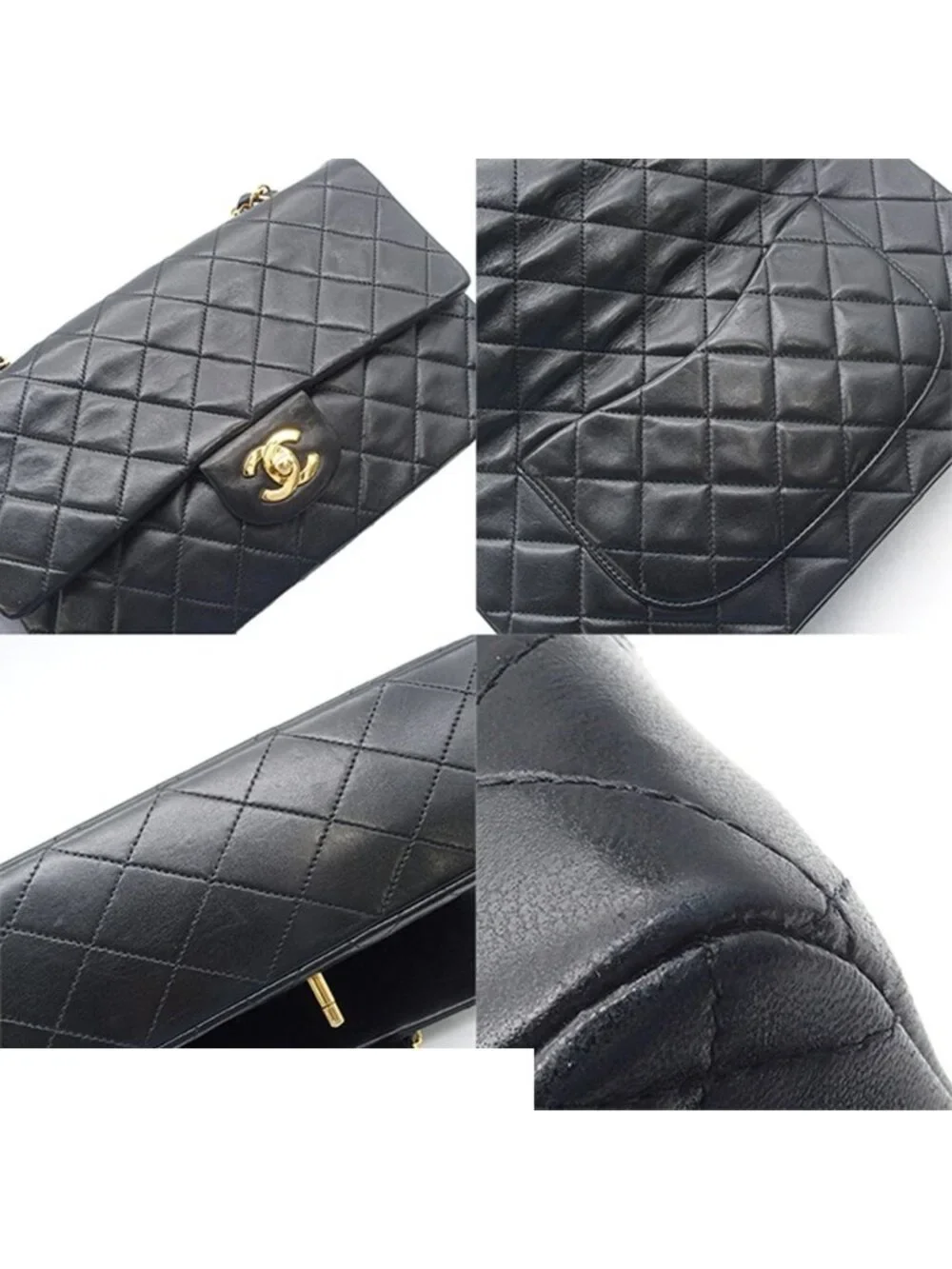 Chanel Shoulder Bag Quilted Double Flap Chain 25 Black Gold Lambskin